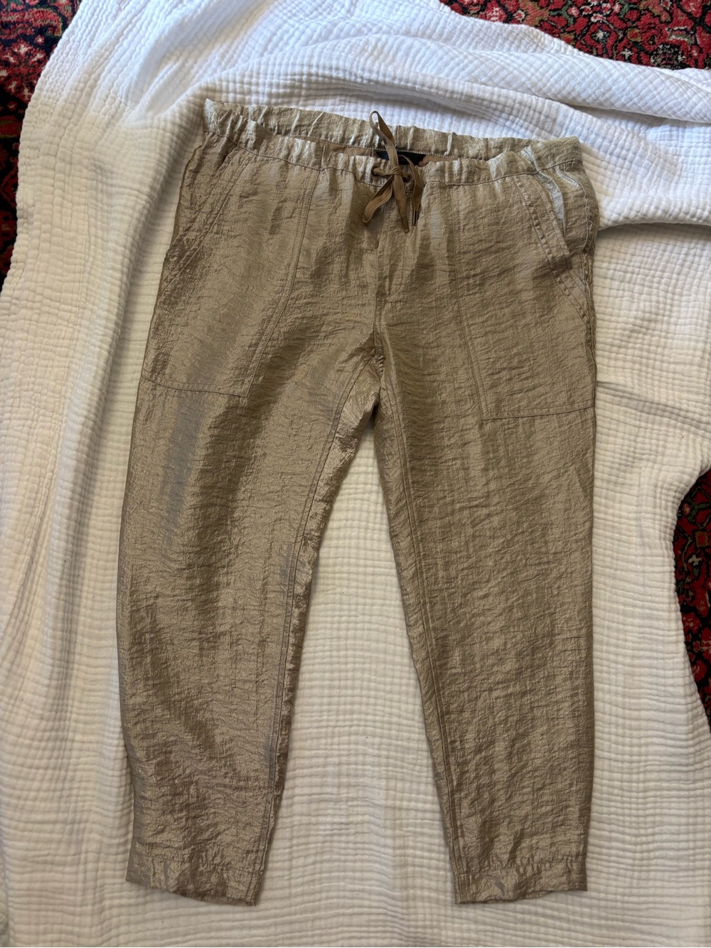 J Crew crinkled viscose shiny shimmery gold cropped pants size 6